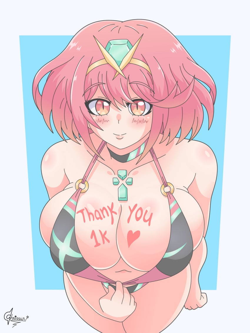 alternate_version_available big_breasts blush bra breasts_bigger_than_head chrissursilversoul follower_celebration pulling_bra pyra red_eyes red_hair xenoblade xenoblade_chronicles_2