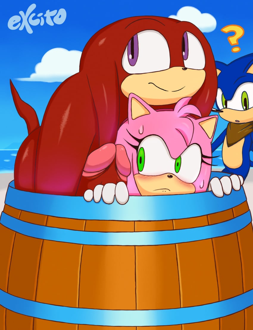 1girls 2boys ? amy_rose amy_rose_(boom) anthro artist_name barrel big_penis black_nose blue_fur blush echidna excito female gloves green_eyes hedgehog huge_cock interspecies knuckles_the_echidna looking_at_penis male mammal monotreme multiple_boys multiple_males penis penis_awe pink_fur pink_hair purple_eyes red_fur red_hair red_penis sega sonic_(series) sonic_boom sonic_the_hedgehog straight sweat sweatdrop text watermark