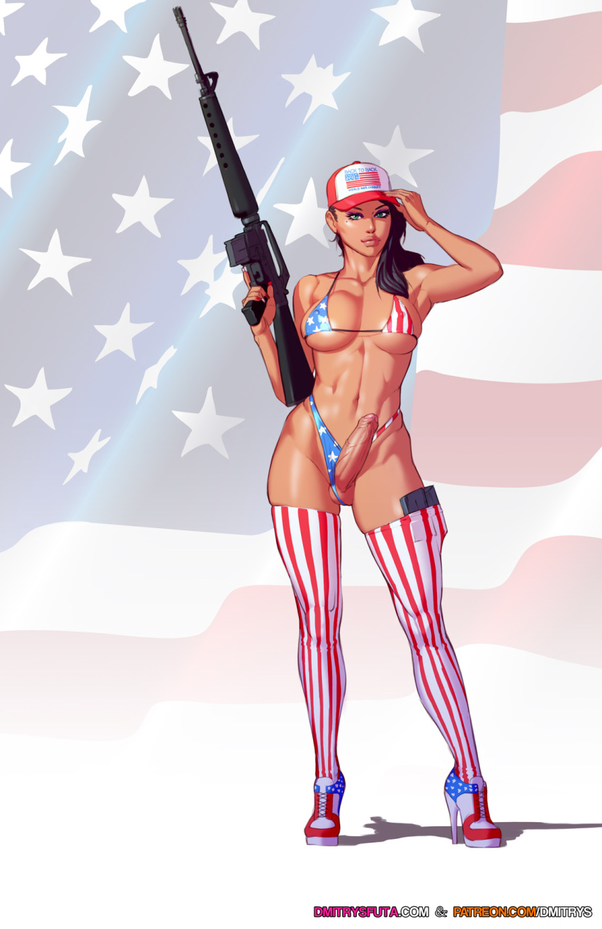 1futa abs american_flag american_flag_bikini american_flag_hat american_flag_legwear assault_rifle balls balls_in_panties baseball_cap bikini black_hair blue_eyes breasts cleavage clothing curvy dmitrys elodie_(dmitrys) erect_nipples erection firearm footwear futa_only futanari gun headwear high_heels human intersex large_breasts large_penis legwear long_hair looking_at_viewer m16 muscular_futanari nipple_bulge nipples original panties panty_bulge penis penis_out rifle skindentation solo solo_futa standing swimwear thighhighs weapon