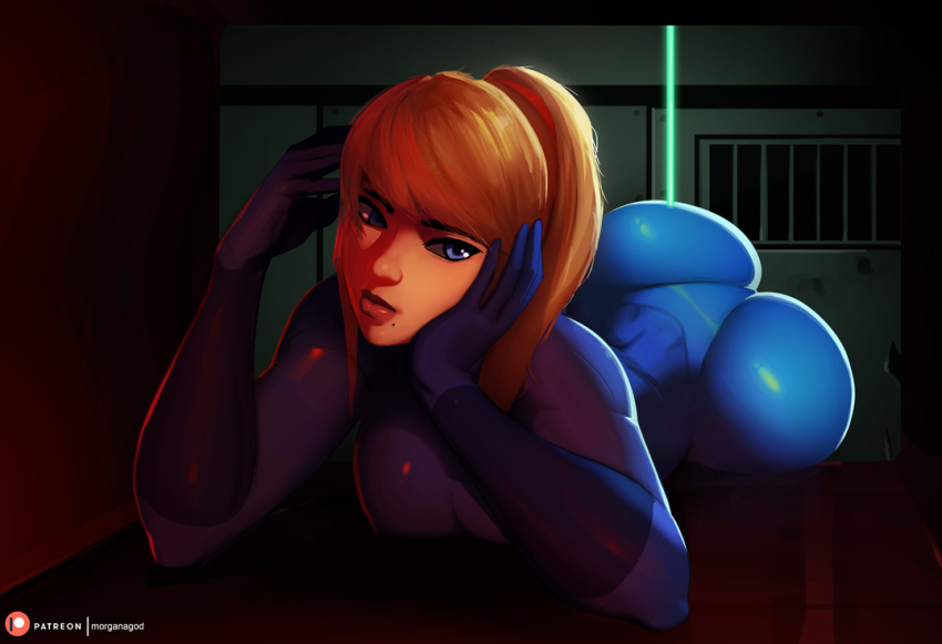 1girls ass bangs big_ass blonde_hair blue_bodysuit blue_eyes bodysuit breasts chin_rest eyebrows female female_only human laser lips lipstick long_hair lying metroid mole mole_under_mouth morganagod nintendo nose on_stomach patreon_username ponytail samus_aran skin_tight solo swept_bangs text thick_eyebrows tied_hair ventilation_shaft watermark zero_suit_samus