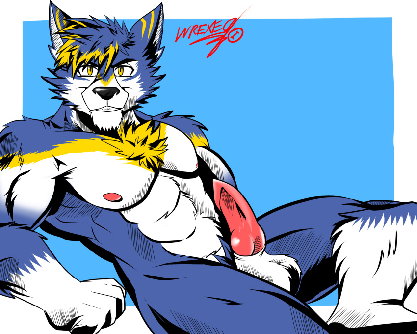 agonylight anthro biceps big_muscles canine clothed clothing daylight digital_media_(artwork) eyewear fur glasses knot ligoni male male_only mammal muscular nipples obliques penis solo teeth white_fur wolf