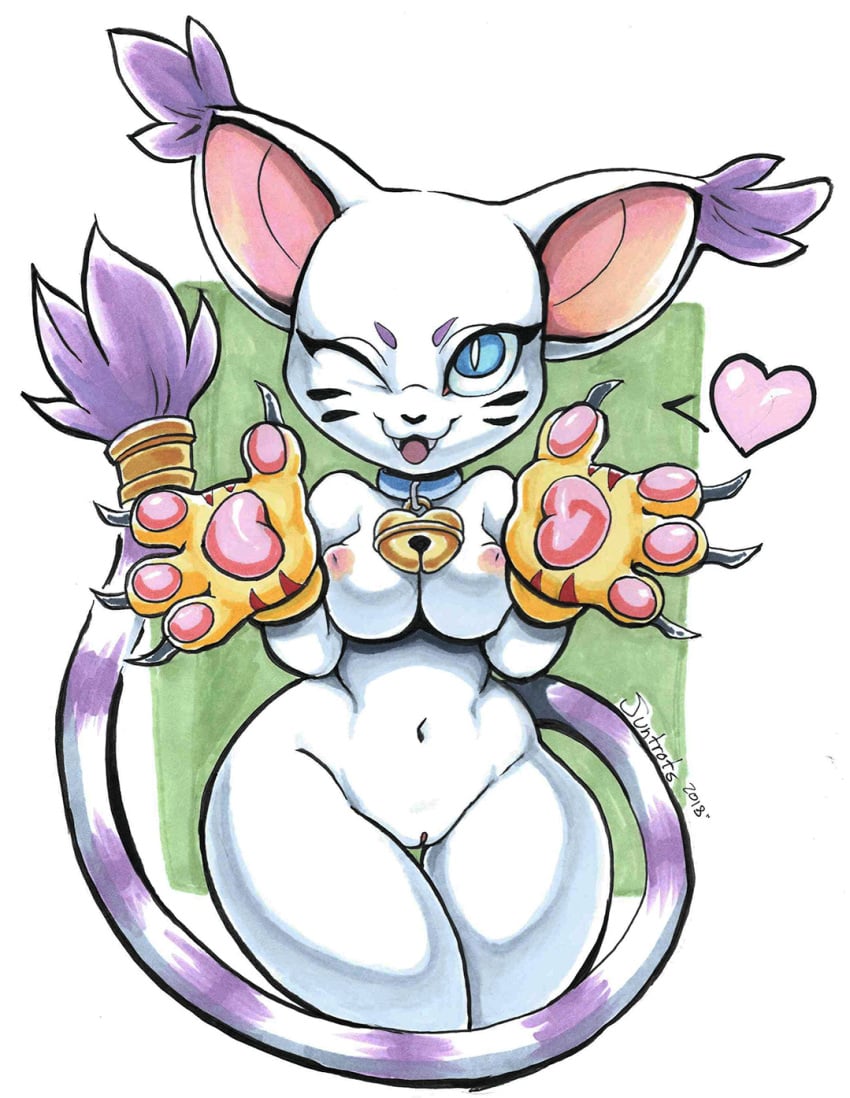 2018 anthro bell big_ears blue_eyes breasts claws clothing collar digimon ear_tuft fangs feline female fur gatomon gloves heart inverted_nipples long_tail mammal mostly_nude nipples one_eye_closed open_mouth pussy solo suntrots tail_ring tailmon thick_thighs tongue tuft whiskers white_fur wide_hips wink