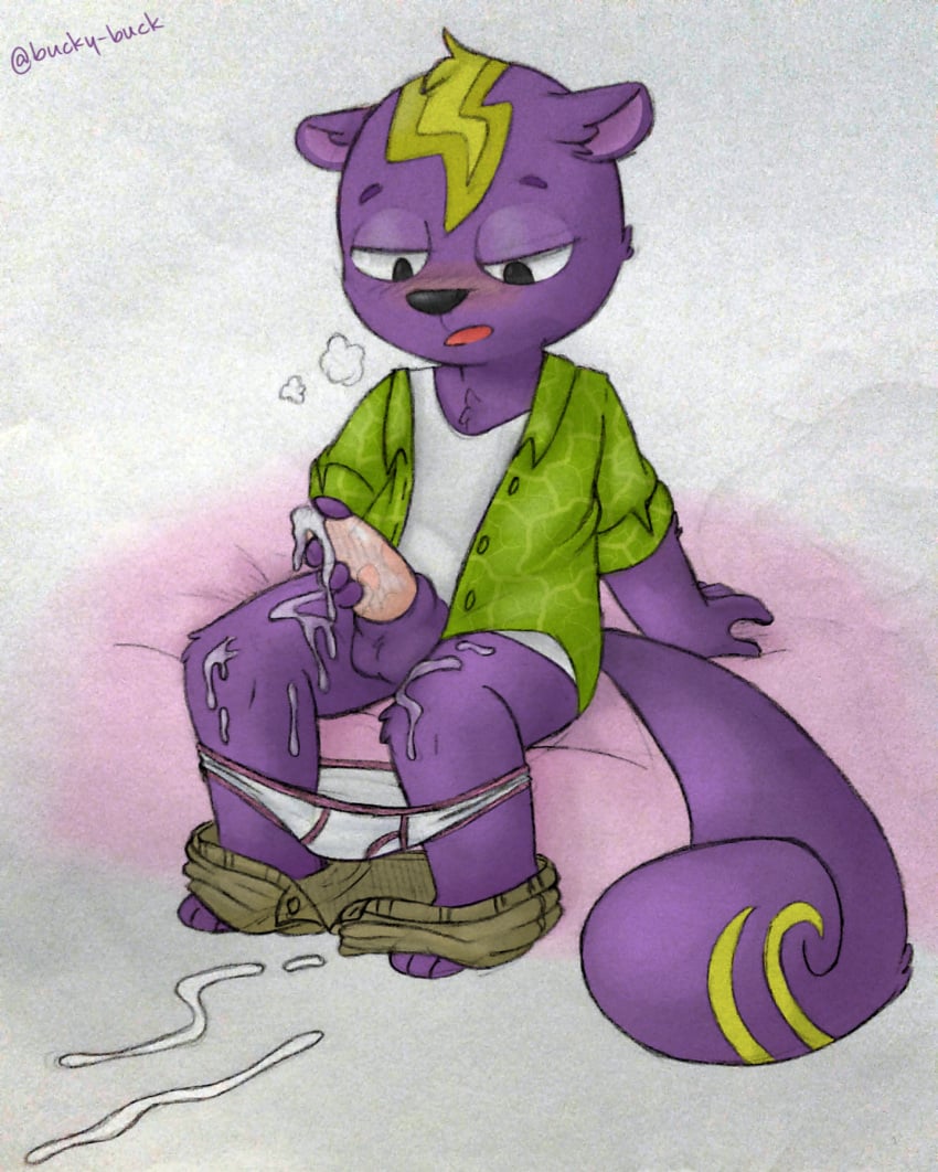 animal_crossing animal_genitalia bucky-buck clothed clothing cum fur male male_only mammal masturbation nintendo open_mouth pants_down partially_clothed penile_masturbation penis purple_fur rodent sheath simple_background sitting solo squirrel static_(animal_crossing) video_games