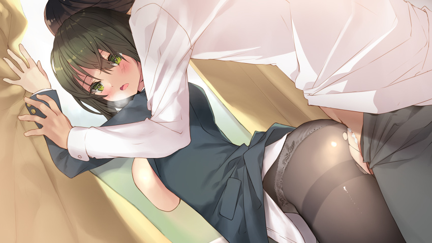 1boy brown_hair female game_cg green_eyes highres pantyhose school_uniform sena_kazama torn_clothes torn_pantyhose tsurusaki_takahiro zutto_mae_kara_joshi_deshita