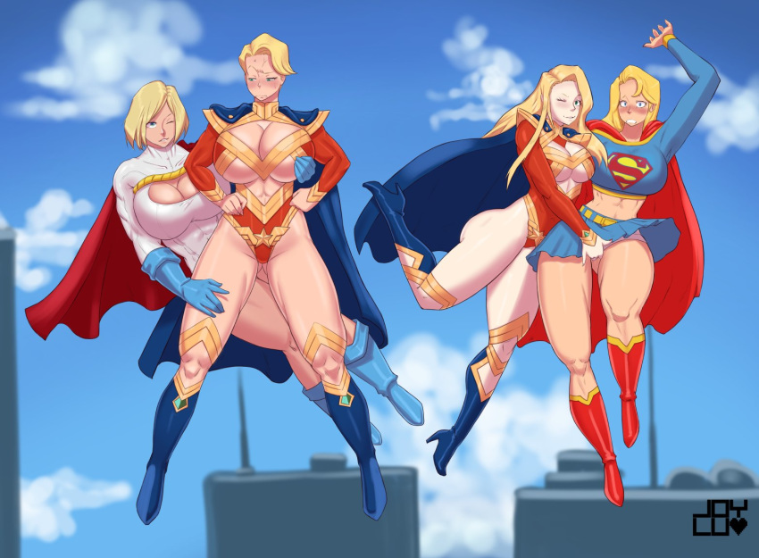 4girls abs arm_up ass athena_haruka big_breasts bimbo blonde_hair blue_eyes blush boots breast_grab breasts busty cape cleavage cleavage_cutout clenched_teeth clothed clouds day dc dc_comics eighth_wonder eyelashes female female_only fingering flustered flying grin hands_on_hips heart high_heel_boots hourglass_figure huge_ass huge_breasts human joylewds kara_zor-el kara_zor-l karen_starr keyhole_turtleneck looking_at_viewer looking_back milf multiple_girls muscular muscular_female naughty_face panties power_girl seductive seductive_smile selfcest shirt short_hair skirt sky smile spread_legs supergirl superheroine superman_(series) sweat tank_top teeth thick_thighs uchi_no_musume_ni_te_o_dasu_na! underboob voluptuous watermark wide_hips wink yuri