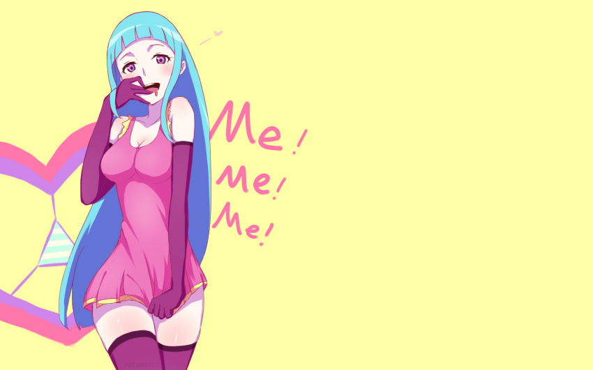 1girls blue_hair breasts cleavage dress dress_tug elbow_gloves female long_hair looking_at_viewer me!me!me! meme_(me!me!me!) minidress pink_dress purple_eyes solo thighhighs tongue very_long_hair wallpaper