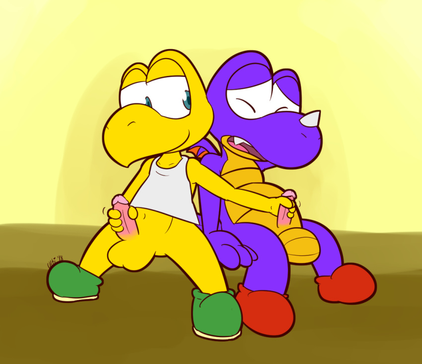 2018 3_fingers 4_fingers anthro anthro_on_anthro balls blue_eyes bottomless closed_eyes clothed clothing fangs green_footwear handjob holding_penis koopa_troopa male mario_(series) masturbation motion_lines open_mouth orange_balls orange_scales penis pink_penis purple_scales red_footwear reptile rex_(mario) scales scalie sex shirt sitting super_mario_world tank_top topless turtle ultilix white_topwear yaoi yellow_balls yellow_scales