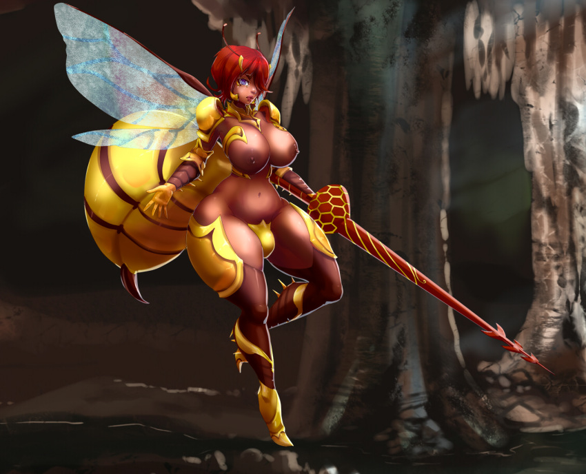 1futa areola breasts bulge curvy erect_nipples flaccid futa_only futanari hair_over_one_eye huge_breasts insect_girl intersex large_penis looking_at_viewer majalis monster_girl nipples panties panty_bulge penis penis_in_panties penis_under_clothes red_hair solo tales_of_androgyny topless wasp wasp_(tales_of_androgyny)