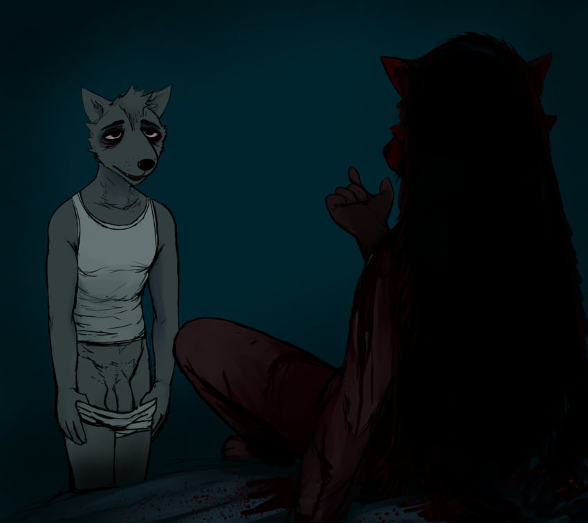 1boy 1girls 2019 5_fingers anthro balls beckoning black_hair blood bodily_fluids canid canine canis carol_(hladilnik) cheek_tuft clothed clothing daniel_(hladilnik) digital_media_(artwork) domestic_dog duo facial_tuft female fingers fur gesture ghost_pupper grey_body grey_fur hair hi_res hladilnik imminent_sex long_hair looking_at_another looking_at_partner male mammal nude penis shirt simple_background sitting spirit tank_top tired topwear tuft underwear wolf wounded