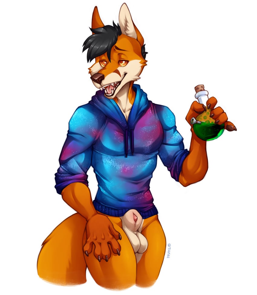 animal_genitalia anthro balls canine drugs fox fur hair male male_only mammal nude open_mouth sheath smoke solo spazzyhusky