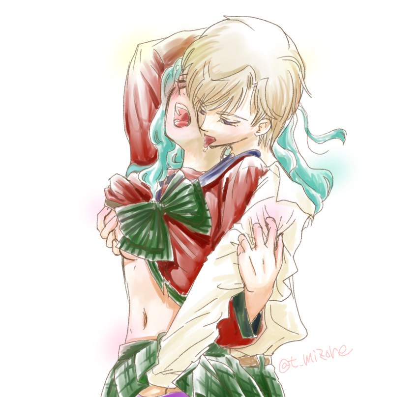 2girls aqua_hair arm_up artist_name bishoujo_senshi_sailor_moon blonde_hair bow breast_grab clothing female_only fingering grabbing green_bow green_skirt haruka_tenou licking michiru_kaiou mugen_gakuen_school_uniform multiple_girls open_mouth plaid plaid_skirt red_serafuku reverse_trap school_uniform serafuku short_hair skirt small_breasts striped striped_bow t_mizore teeth tomboy tongue tongue_out very_short_hair yuri