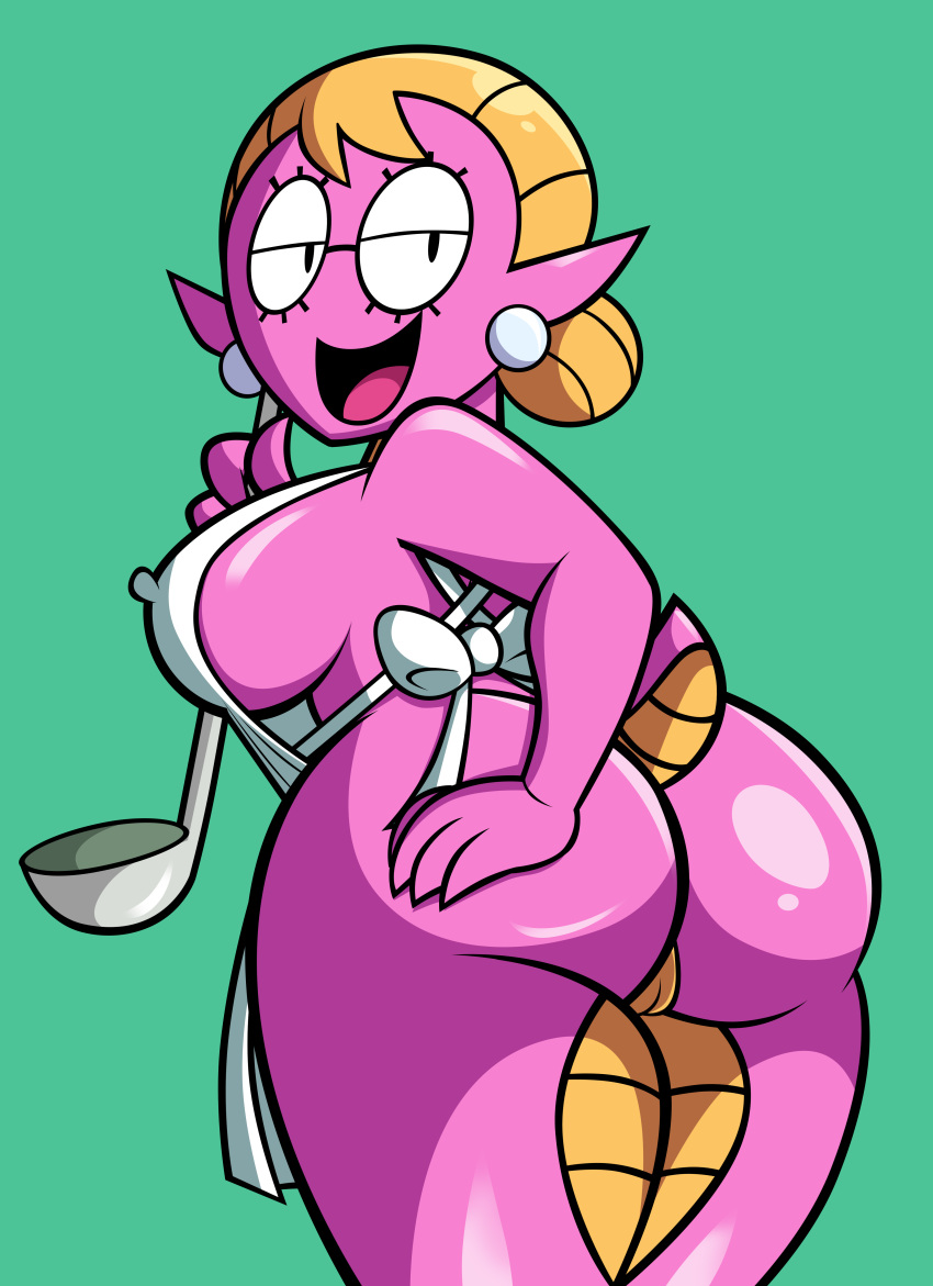 2018 amphibian anthro apron ass blonde_hair breasts butt clothing covered_nipples ear_piercing earrings eyelashes eyewear female glasses grimphantom hair hi_res piercing pink_skin pussy reptile salamander sally_(scalie_schoolie) scalie scalie_schoolie simple_background smile solo spring_salamander thick_thighs webcomic wide_hips