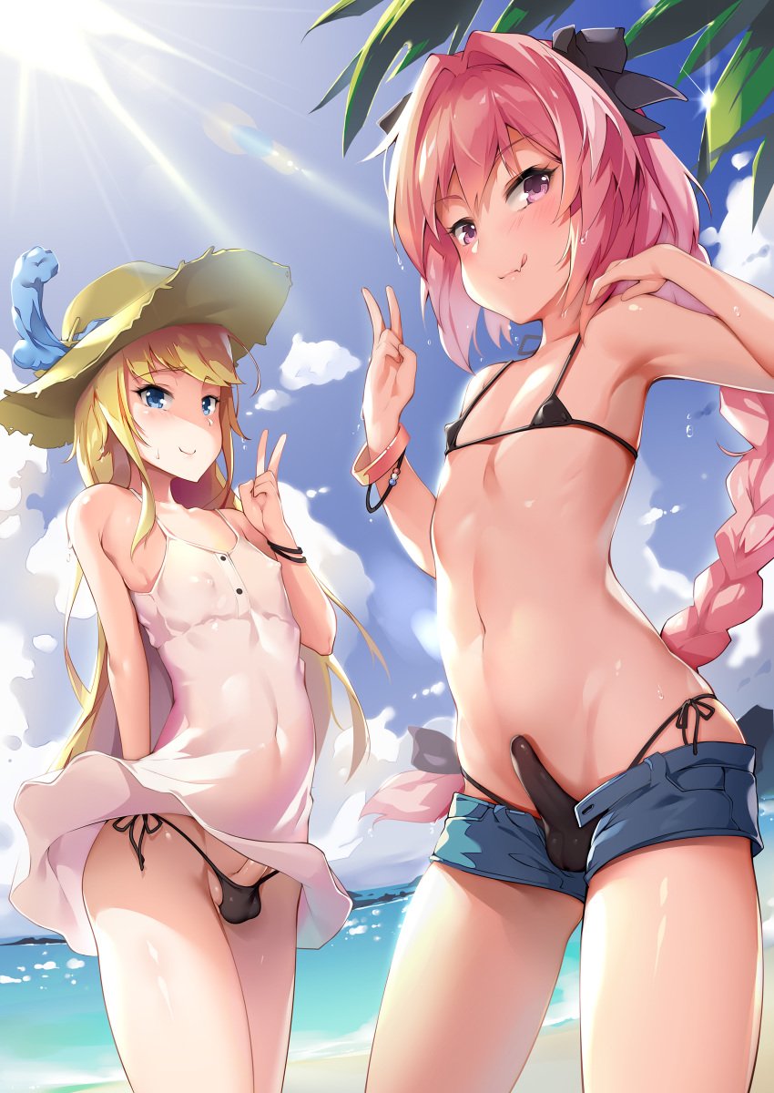 2boys :q absurdres arm_behind_back armpits astolfo_(fate) bangs bare_shoulders beach bikini bikini_bottom black_bikini black_bikini_bottom black_bow black_ribbon blue_eyes blue_sky blush bow braid bulge chevalier_d'eon_(fate) cloud commentary_request covered_navel day denim denim_shorts dress dress_lift erect_nipples erection erection_under_clothes eyebrows_visible_through_hair fang_out fate/grand_order fate_(series) femboy girly hair_intakes hairbow hat hat_feather highres horizon leaf light_rays long_hair looking_at_viewer male_focus male_only multicolored_hair multiple_boys navel ocean open_fly penis_peek penis_under_clothes pink_hair purple_eyes ribbon shinsei_rorishotashotasuku shiny shiny_hair short_shorts shorts side-tie_bikini single_braid sky sleeveless sleeveless_dress small_penis smile standing stomach straight_hair streaked_hair sun_hat sunbeam sundress sunlight sweat swimsuit thighs tiny_penis tongue tongue_out unbuttoned uncensored v v-shaped_eyebrows very_long_hair water water_drop wet wet_hair white_dress white_hair wind wind_lift wristband yellow_hat