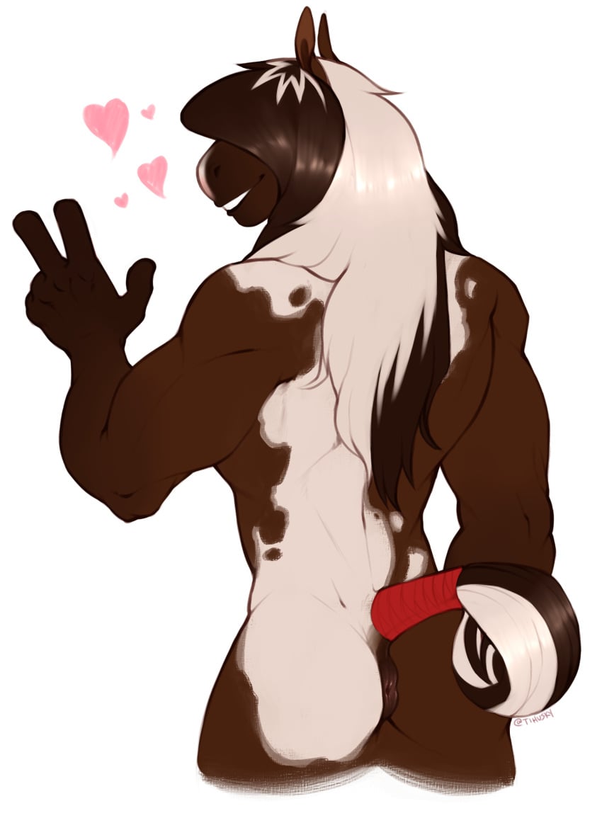 anthro anus ass equine gesture hair heart horse male male_only mammal muscular muscular_male puffy_anus rear_view smile solo spazzyhusky teeth v