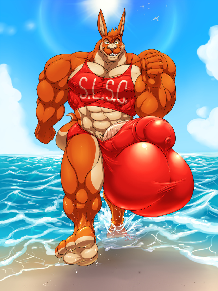 1boy 2018 4_toes 5_fingers abs anthro balls barely_contained beach biceps big_balls big_muscles big_penis brown_nose bulge clothed clothing cloud day eyebrows fist green_eyes hair huge_balls huge_muscles huge_penis humanoid_penis hungothenomster hyper hyper_balls hyper_muscles hyper_penis kangaroo looking_at_viewer male male_only mammal marsupial muscular muscular_male muscular_thighs nipples orange_hair orange_skin outside penis plantigrade pubes red_tank_top sand sea seaside shirt sky smile solo sun swimsuit tank_top teeth thick_penis tight_clothing tight_underwear toes underwear walking water