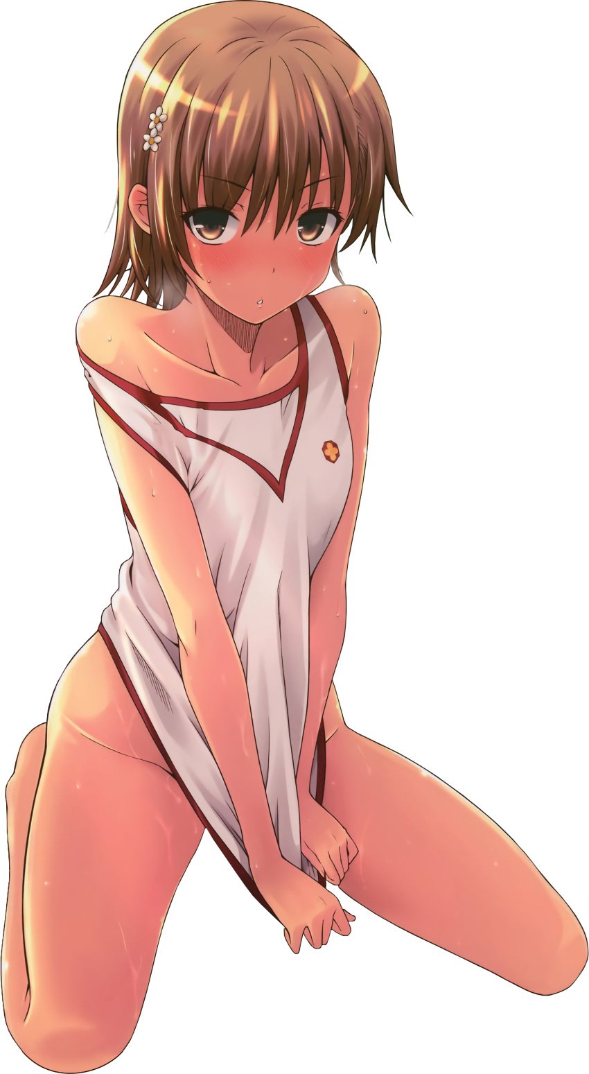 1girls :o absurd_res bare_shoulders barefoot barely_clothed blush bottomless brown_eyes brown_hair brunette collarbone embarrassed female full_body gym_shirt gym_uniform hair_flower hair_ornament hi_res kneeling looking_at_viewer matching_hair/eyes misaka_mikoto no_panties okara open_mouth shirt shirt_only short_hair solo sweat teenage_girl teenager thick_thighs thighs to_aru_kagaku_no_railgun to_aru_majutsu_no_index transparent_background vector_trace young