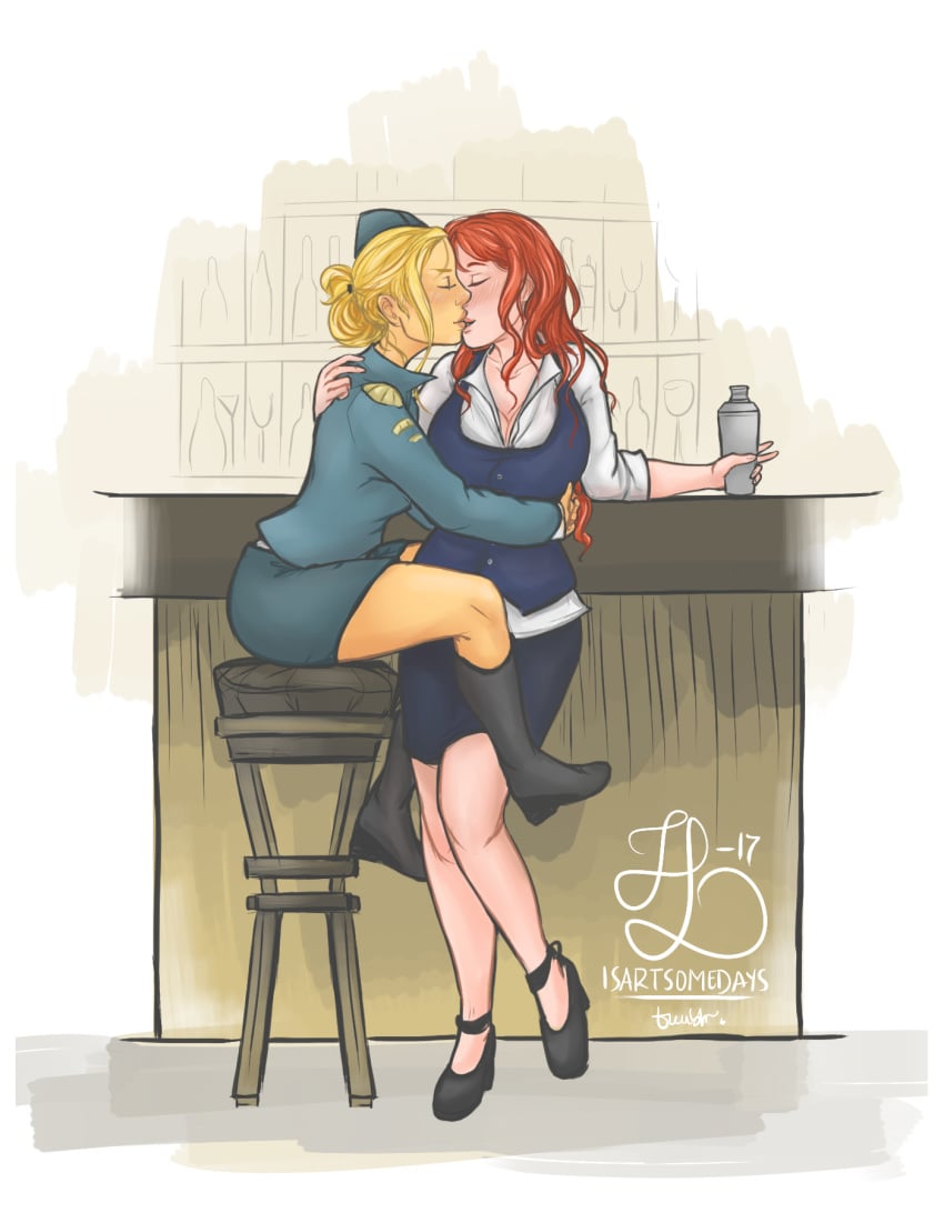 2girls bar blonde_hair cleavage closed_eyes clothed couple female_only gardnerverse garrison_cap hug isartsomedays kissing large_breasts leg_lock marty_gardner military_uniform multiple_girls red_hair tan terry_girard updo waist_hug yuri