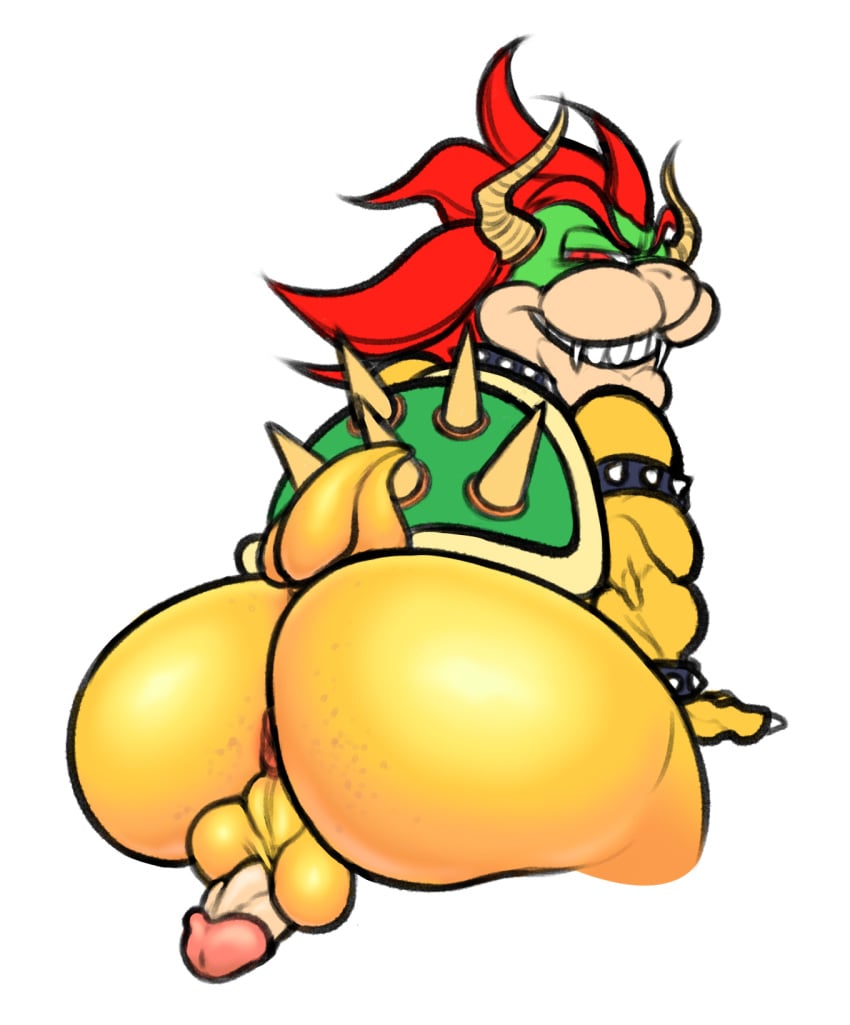 1boy anus ass balls big_balls big_butt big_penis bowser eccentricspider koopa lizard looking_at_viewer looking_back male male_only mario_(series) nintendo penis red_eyes reptile scalie simple_background sitting smile solo teeth testicles video_games white_background