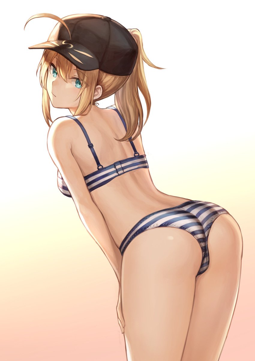 1girls ahoge artoria_pendragon ass back bent_over bikini blonde_hair blue_eyes blue_stripes bra breasts cleavage cowboy_shot fate/grand_order fate_(series) female female_only hands_on_own_thighs hands_on_thighs hat horizontal-striped_bra horizontal-striped_panties horizontal_stripes lingerie looking_at_viewer looking_back mashu_003 medium_breasts mysterious_heroine_x panties solo striped_bikini striped_panties thighs type-moon underwear white_stripes