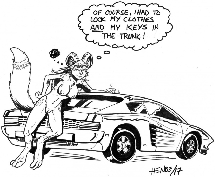 anthro breasts canine car female ferrari ferrari_testarossa fiji_(johann) fox furry furry_only gauges henbe horn mammal monochrome no_humans nude pussy text vehicle