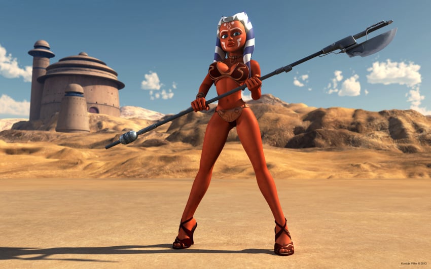 1girls 3d ahsoka_tano alien alien_girl armband artist_name bare_shoulders big_breasts blue_eyes bracer busty choker clone_wars curvy eyelashes female female_only front_view hand_on_hip hands_on_hip hands_on_hips high_heels holding_object hourglass_figure humanoid jabba's_palace jedi jedi_padawan kondaspeter looking_at_viewer mammal marking metal_bikini midriff orange_skin outdoor outside pose posing shadow shiny shiny_skin slave_ahsoka slave_bikini solo spread_legs spreading standing star_wars tatooine the_clone_wars:_season_four togruta vibro_axe voluptuous weapon wide_hips