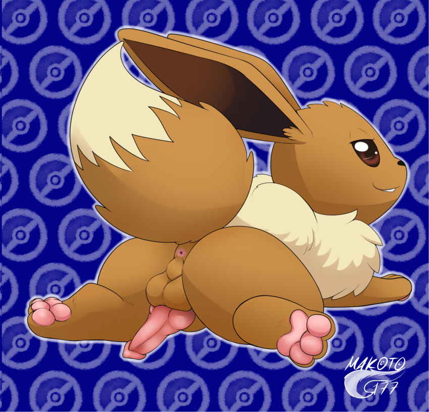 1boy 3_toes :3 all_fours anus ass big_ass big_ears blue_background brown_eyes brown_fur canine_penis eevee eyelashes feet feral furry half-closed_eyes knot long_ears looking_at_viewer looking_back makoto177 male male_only nintendo nude pawpads paws penis pokémon_(species) pokemon pokemon_rgby raised_tail smile spread_legs tail teeth text thick_thighs video_games watermark white_fur