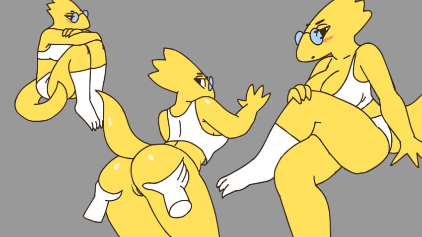 alphys animated anus ass blush breasts butt_jiggle butt_squish chelodoy cleavage clothed clothing disembodied_hand duo eyewear female glasses hand_on_butt legwear lizard multiple_poses non-mammal_breasts pose pussy reptile scalie solo_focus undertale video_games