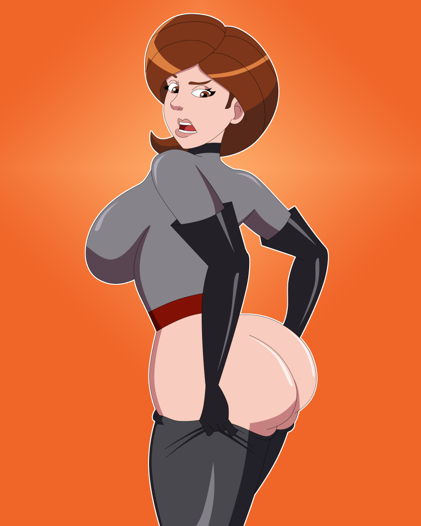 1girls ass ass_focus bare_ass breasts brown_hair clothed_female curvy disney elastigirl exposed_ass female female_only hair half-dressed helen_parr huge_breasts ineffective_clothing large_ass medium_hair no_panties partially_clothed pervyangel pixar plump_ass shiny_breasts shiny_skin sideboob smooth_skin solid_color_background solo the_incredibles