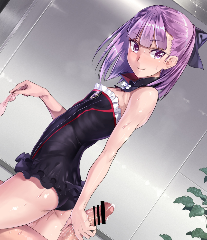 absurdres ass bangs bar_censor black_bow black_dress black_panties bow breasts censored collarbone condom cum detached_collar dress eyebrows_visible_through_hair fate/grand_order fate_(series) female frills hairbow handjob helena_blavatsky_(fate) highres hips looking_back orochi_itto panties penis purple_eyes purple_hair short_dress short_hair small_breasts smile solo_focus sweat thighs underwear used_condom waist