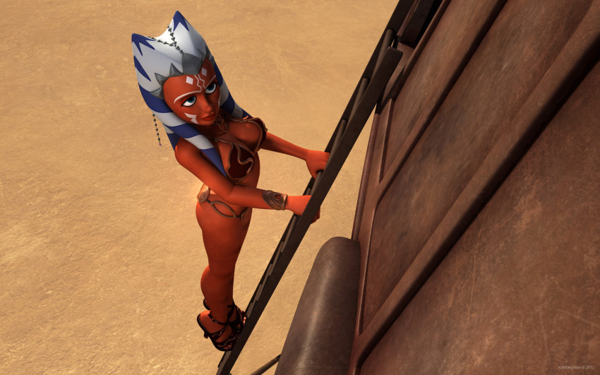 1girls 3d ahsoka_tano alien alien_girl armband artist_name bantha-ii_cargo_skiff bare_shoulders big_breasts blue_eyes busty clone_wars curvy eyelashes female female_only front_view high_heels holding_object hourglass_figure humanoid jedi jedi_padawan kondaspeter mammal marking metal_bikini midriff orange_skin outdoor outside pose posing shadow shiny shiny_skin sideboob slave_ahsoka slave_bikini solo stairs standing star_wars tatooine the_clone_wars:_season_four togruta voluptuous weapon wide_hips