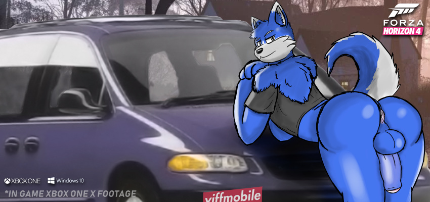 anthro anus ass balls bent_over blue_fur building car clothing color feline forza_horizon_4 fur furry furry_only house humanoid_penis male male_only mammal original_character penis perineum presenting shirt snow solo van vehicle xbox_one