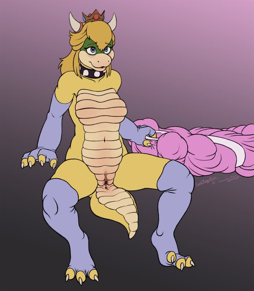 1girls alternate_species anthro anus belly blue_eyes blush breasts claws clothing collar crown dress female female_only full_body gloves horn koopa laggings legwear lord_magicpants mario_(series) navel nintendo nude princess_koopa princess_peach pussy scalie simple_background sitting smile solo spiked_collar spikes stockings tail video_games wide_hips