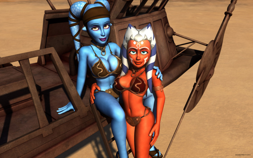 2girls 3d aayla_secura ahsoka_tano alien alien_girl armband artist_name bald bantha-ii_cargo_skiff bare_shoulders big_breasts blue_eyes blue_skin busty choker cleavage clone_wars curvy day detailed_background eyelashes female female_only front_view headgear hourglass_figure humanoid jedi jedi_master jedi_padawan kondaspeter looking_at_viewer mammal marking metal_bikini midriff multiple_females multiple_girls orange_skin outdoor outside pose posing purple_lips sandals shadow shiny shiny_skin shoes slave_ahsoka slave_bikini stairs standing star_wars tatooine the_clone_wars:_season_four togruta twi'lek voluptuous wide_hips yellow_eyes