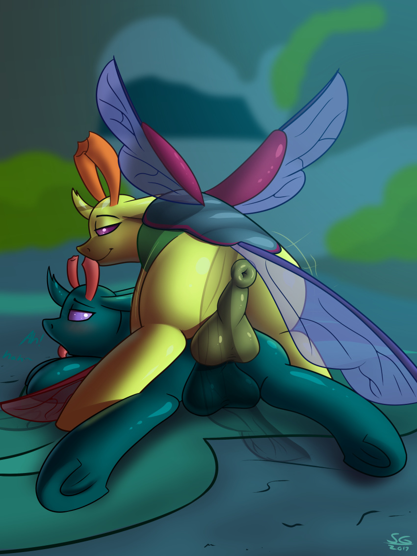 2017 absurd_res ahe_gao anal anal_sex anus ass backsack balls blurred_background blush brothers changeling equine eyebrows feral feral_on_feral friendship_is_magic half-closed_eyes hi_res hooves horn incest insect_wings king_thorax_(mlp) looking_pleasured lying male male_penetrating mammal my_little_pony nude on_front on_top open_mouth outside penetration perineum pharynx_(mlp) puffy_anus purple_eyes sex sibling signature smile speed_bump_position stargazer thorax_(mlp) tongue tongue_out underhoof wings yaoi