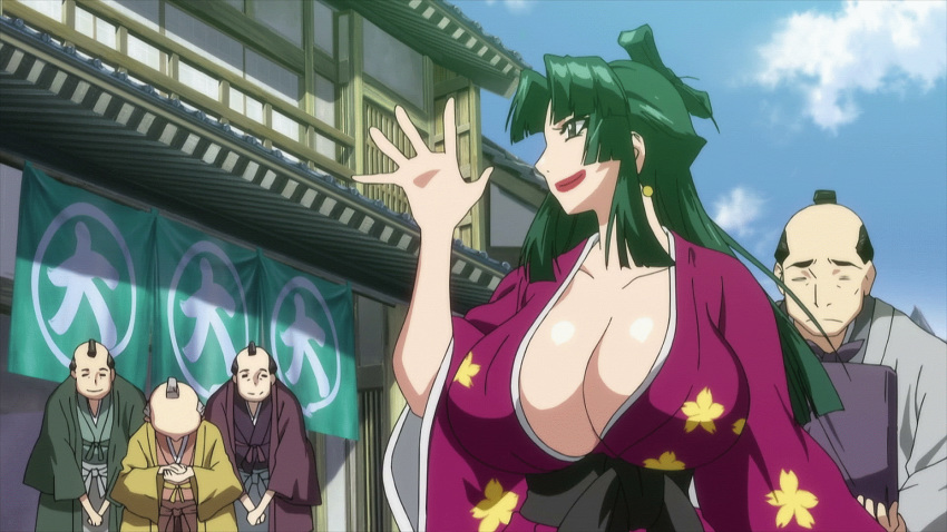 1girls 4boys animated animated_gif bouncing_breasts breasts brown_eyes brown_eyes_female chichi_(manyuu_hikenchou) cleavage female gif green_eyes green_hair green_hair_female highres hoods_entertainment huge_breasts huge_cleavage japanese_clothes japanese_text kaneko_hiraku kimono lipstick long_hair makeup manyuu_hikenchou multiple_boys noblewoman oriental_umbrella parasol takagi_jun umbrella voluptuous voluptuous_female walking yukata