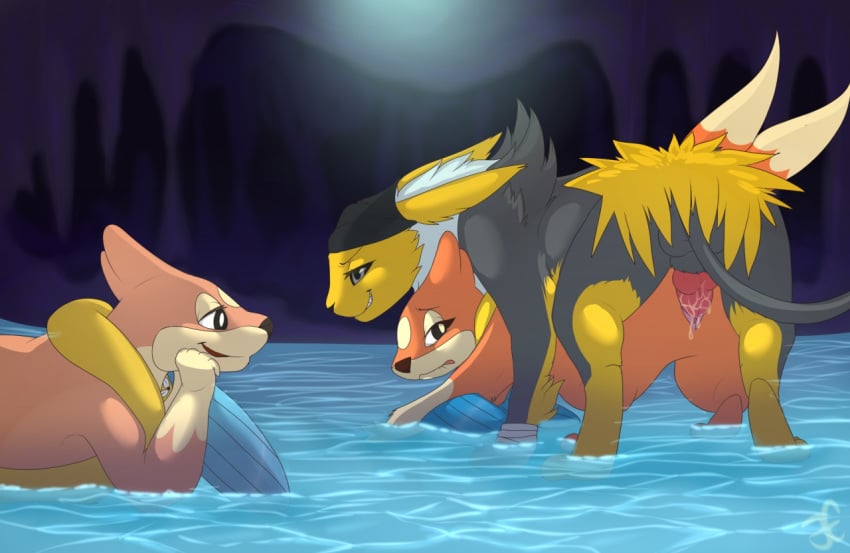 1boy 1girls 2018 all_fours alternate_color ambiguous_gender ass being_watched black_fur black_nose canine canine_penis cave chubby doggy_style eeveelution feline female feral floatzel from_behind_position fur furry garruuk grey_eyes hybrid interspecies jolteon knot luxray male male_penetrating nintendo orange_fur original_character otter penetration penis pokémon_(species) pokemon pokemon_(species) pokemon_dppt pokemon_rgby pussy sex smile testicles vaginal_penetration video_games water watermark yellow_fur