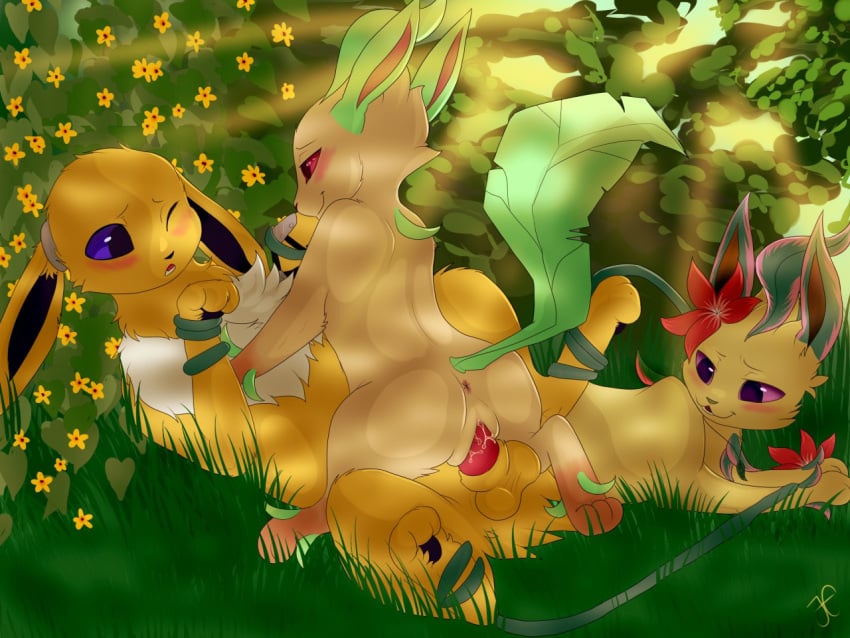 1boy 1girls 2018 alternate_color ambiguous_gender anus being_watched big_ears blush bondage cowgirl_position domination eeveelution female femdom feral feral_on_feral flower fur furry garruuk girly grass interspecies jolteon leafeon long_ears lying male male_penetrating nature nintendo on_back on_top open_mouth original_character outside paws penis plant pokemon pokemon_(species) pokemon_dppt pokemon_rgby purple_eyes pussy sex smile testicles video_games white_fur yellow_fur