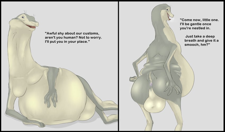 alien anal_vore anus balls big_balls da~blueguy digital_media_(artwork) fur grey_fur huxley_(wondla) long_neck male_only short_tail simple_background slightly_chubby text the_search_for_wondla