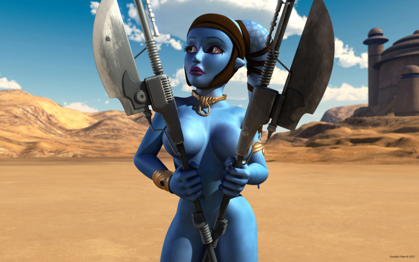 1girls 3d aayla_secura alien alien_girl armband artist_name bald bare_shoulders big_breasts blue_skin bracer busty choker cleavage clone_wars curvy day detailed_background eyelashes female female_only front_view headgear holding_object hourglass_figure humanoid jedi jedi_master kondaspeter looking_up mammal naked nude outdoor outside pose posing purple_lips shadow shiny shiny_skin solo spread_legs spreading standing star_wars tatooine twi'lek vibro_axe voluptuous weapon wide_hips yellow_eyes