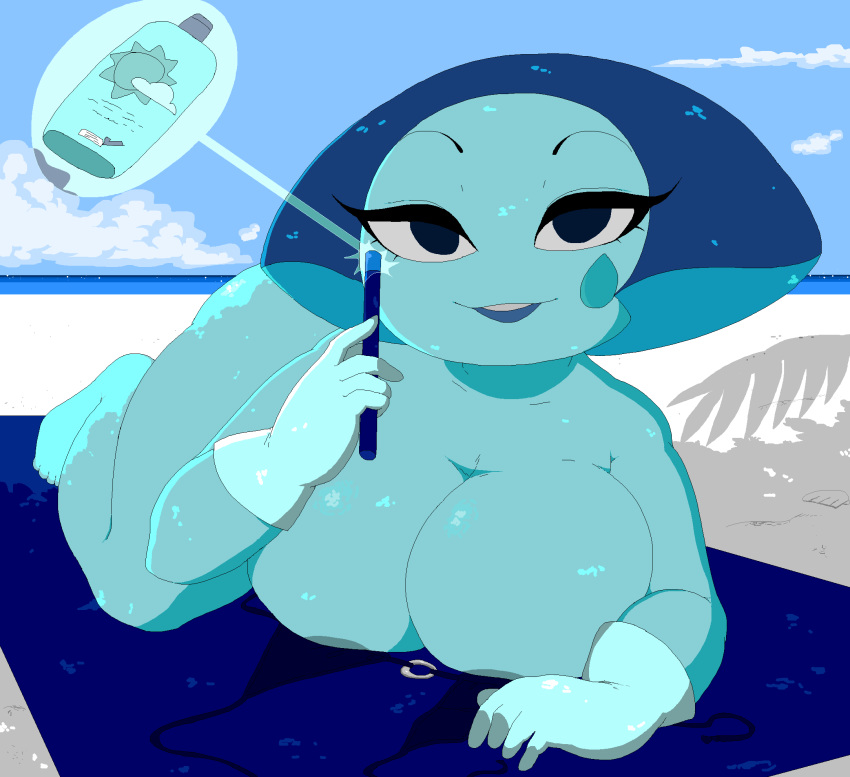 1girls absurd_res aquamarine_(steven_universe) beach big_areola big_breasts big_nipples bikini blue_eyes blue_hair blue_skin breasts busty cartoon_network cleavage completely_nude curvy dark_nipples dream-cassette female female_only gem_(species) highres hoshime huge_areolae huge_breasts huge_nipples looking_at_viewer lying nipple_slip shortstack solo steven_universe sunscreen swimsuit swimsuit_removed thick voluptuous wand