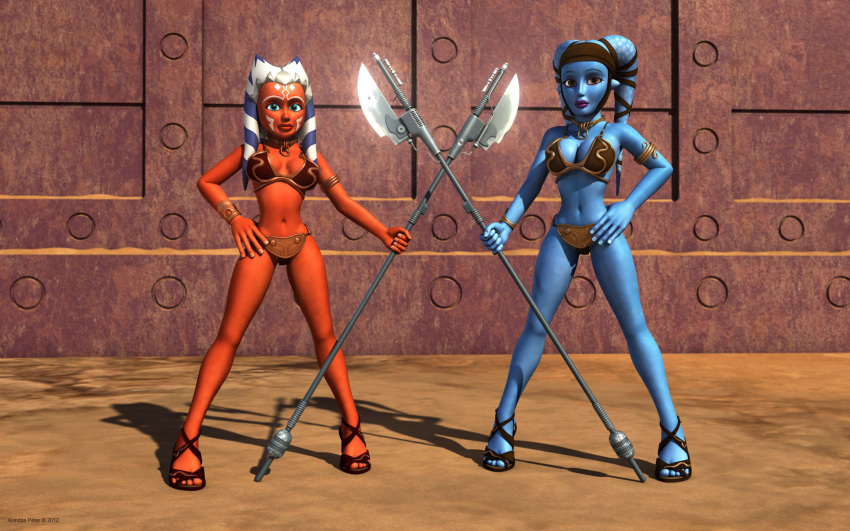 2girls 3d aayla_secura ahsoka_tano alien alien_girl alternate_version_available armband artist_name bald bare_shoulders big_breasts blue_eyes blue_skin bracer busty choker cleavage clone_wars curvy day detailed_background erect_nipple erect_nipples eyelashes female female_only front_view hand_on_hip hands_on_hip hands_on_hips headgear holding_object hourglass_figure humanoid jabba's_palace jedi jedi_master jedi_padawan kondaspeter looking_at_viewer mammal marking midriff multiple_females multiple_girls orange_skin outdoor outside pose posing purple_lips shadow shiny shiny_skin spread_legs spreading standing star_wars tatooine the_clone_wars:_season_four togruta twi'lek vibro_axe voluptuous weapon wide_hips yellow_eyes