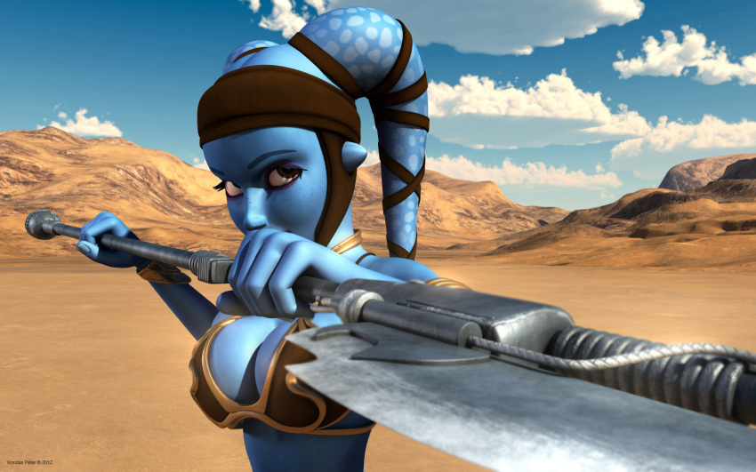 1girls 3d aayla_secura alien alien_girl armband artist_name bald bare_shoulders big_breasts blue_skin bracer busty choker cleavage clone_wars curvy day detailed_background eyelashes female female_only front_view headgear holding_object hourglass_figure humanoid jedi jedi_master kondaspeter looking_at_viewer mammal metal_bikini midriff outdoor outside pose posing purple_lips shadow shiny shiny_skin slave_bikini solo spread_legs spreading standing star_wars tatooine twi'lek vibro_axe voluptuous weapon wide_hips yellow_eyes