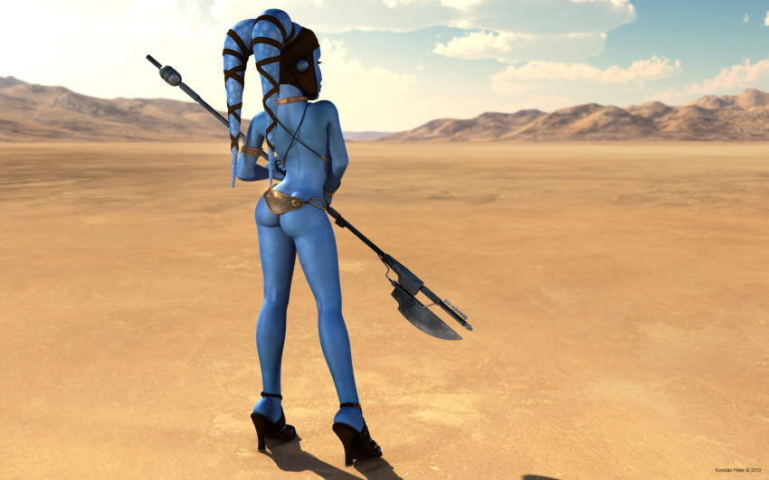 1girls 3d aayla_secura alien alien_girl armband artist_name back_view bald bare_shoulders blue_skin bracer busty butt_crack choker cleavage clone_wars curvy day detailed_background female female_only headgear high_heels holding_object hourglass_figure humanoid jedi jedi_master kondaspeter looking_up mammal metal_bikini midriff outdoor outside pose posing purple_lips sandals shadow shiny shiny_skin shoes slave_bikini solo spread_legs spreading standing star_wars tatooine twi'lek vibro_axe voluptuous weapon wide_hips