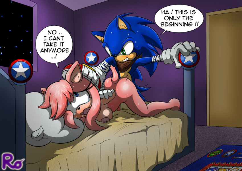 alternate_eye_color amy_rose anthro begging_to_stop breasts crying_with_eyes_open english_text femsub foot_on_head hands_behind_back maledom nipples rape rolling_eyes sonic_(series) sonic_boom sonic_the_hedgehog stepping_on_head sweat tears zerbukii