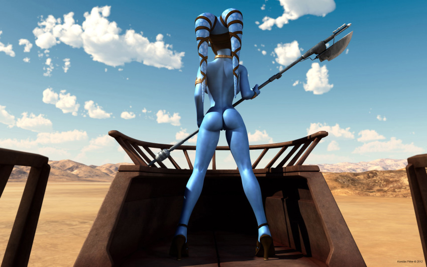 1girls 3d aayla_secura alien alien_girl armband artist_name ass back_view bald bantha-ii_cargo_skiff bare_shoulders big_breasts blue_skin bracer busty butt_crack choker clone_wars curvy day detailed_background female female_only headgear high_heels holding_object hourglass_figure humanoid jedi jedi_master kondaspeter mammal naked naked_footwear naked_heels nude outdoor outside pose posing sandals shadow shiny shiny_skin shoes solo spread_legs spreading standing star_wars tatooine twi'lek vibro_axe voluptuous weapon wide_hips