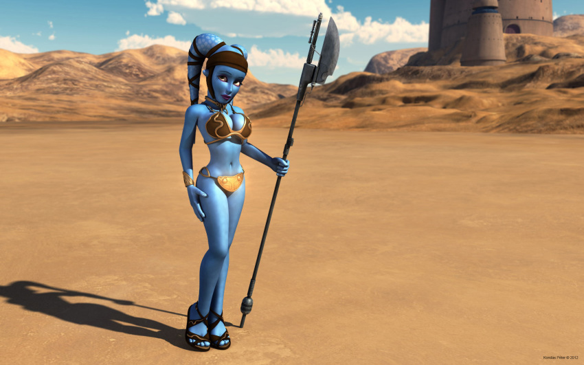 1girls 3d aayla_secura alien alien_girl armband artist_name bald bare_shoulders big_breasts blue_skin bracer busty choker cleavage clone_wars curvy day detailed_background eyelashes female female_only front_view headgear high_heels holding_object hourglass_figure humanoid jabba's_palace jedi jedi_master kondaspeter looking_at_viewer looking_up mammal metal_bikini midriff outdoor outside pose posing purple_lips sandals shadow shiny shiny_skin shoes slave_bikini solo spread_legs spreading standing star_wars tatooine twi'lek vibro_axe voluptuous weapon wide_hips yellow_eyes