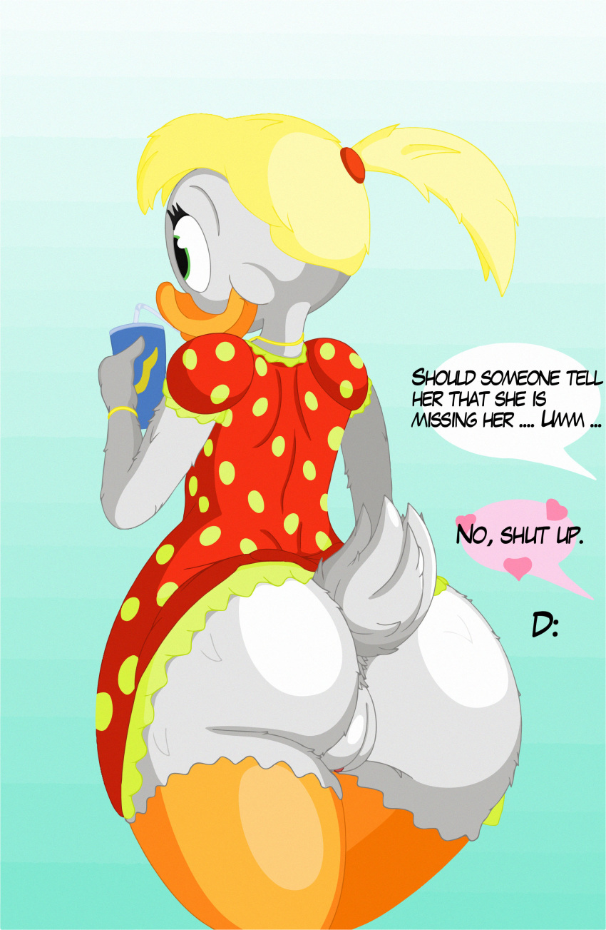 2015 absurd_res anthro ass avian beak beverage big_butt bird blonde_hair clothed clothing dialogue disney dress drinking duck ducktits english_text exposed feathers female gradient_background green_eyes hair hairband hi_res jewelry legs_together may_duck necklace ponytail pussy short_dress short_hair simple_background solo speech_bubble standing tail_feathers text white_feathers