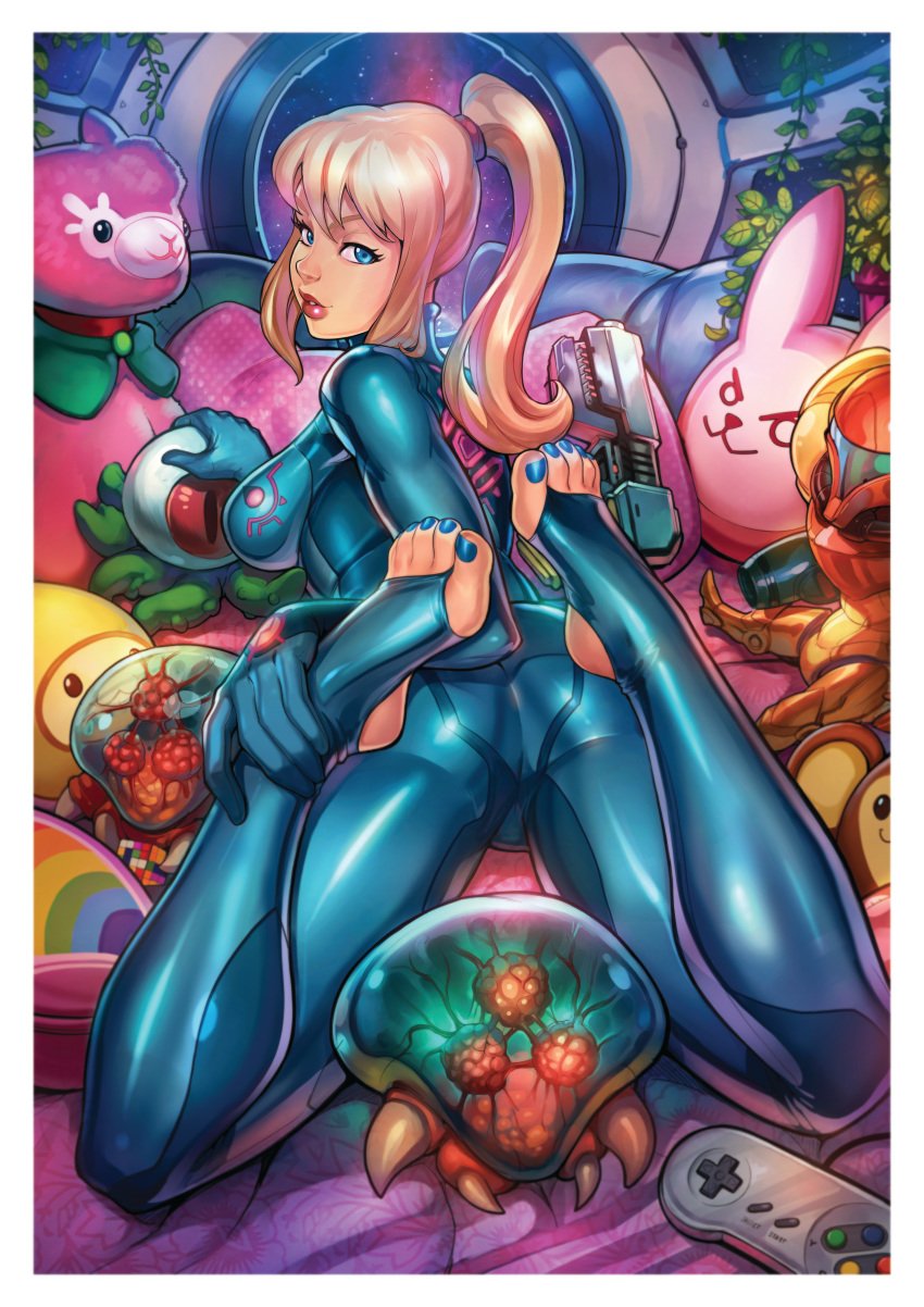 1girls all_fours armor armored_samus ass big_breasts bimbo blonde_hair blue_eyes blue_toenails bodysuit breasts controller electronics eyelashes feet female female_focus firearm game_controller gun handgun helmet helmet_with_visor highres human lipstick looking_at_viewer looking_back metroid metroid_(creature) nail_polish nintendo on_stomach pale_skin plushie ponytail red_lipstick reiq samus_aran shiny shiny_suit skin_tight smile snes snes_controller solo_focus super_nintendo_entertainment_system teeth toeless_legwear toenail_polish toes varia_suit varia_suit_helmet video_game_controller weapon zero_suit zero_suit_samus