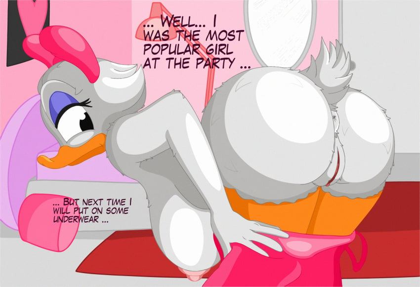 1girls 2015 anthro anus areola ass avian beak bed bedroom bent_over big_breasts big_butt bird bow_ribbon breasts butt clitoris clothing daisy_duck detailed_background dialogue disney dress duck ducktits english_text eyelashes eyeshadow feathers female female_only furry half-closed_eyes hi_res lamp legs_together makeup mirror nipples pillow presenting_ass pussy soft_feathers solo tail_feathers text undressing white_feathers