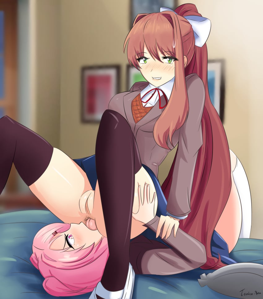 2girls absurdres angry anilingus anus ass ass_grab bed bedroom biting_lip blush bullying clothed clothed_rape doki_doki_literature_club facesitting female female_only female_rapist female_rimming_female femdom femsub forced forced_oral forced_yuri fourth_wall glazinbuns green_eyes lezdom long_hair looking_at_viewer lying_down lying_on_bed monika_(doki_doki_literature_club) multiple_girls natsuki_(doki_doki_literature_club) no_panties no_underwear nopan orange_hair pink_eyes pink_hair pleasure_face pussy rape rimjob rimming school_uniform schoolgirl shoes smooth_skin stockings thighhighs tongue tongue_out wrist_grab yuri